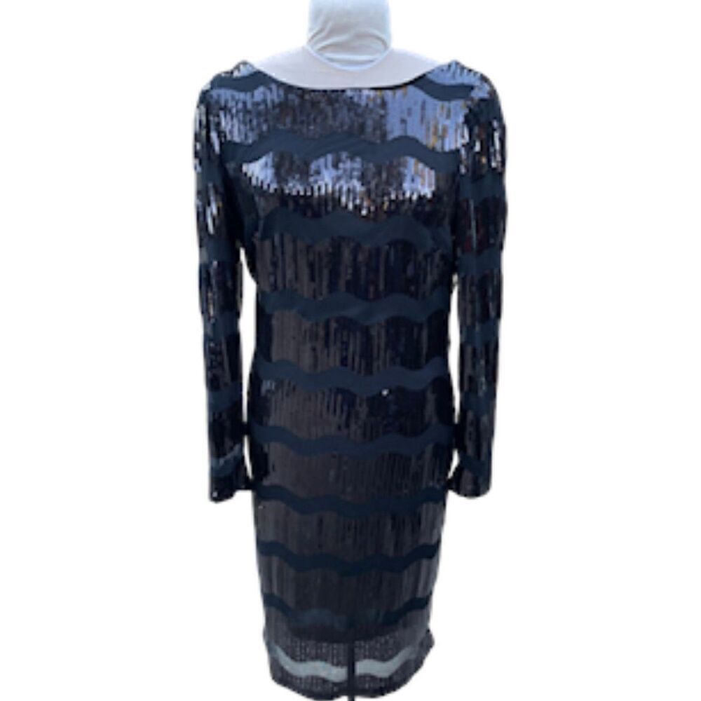 Black Sequin Wavy Stripe Dress by Nanette Lepore Sz 14 Plunging V Back